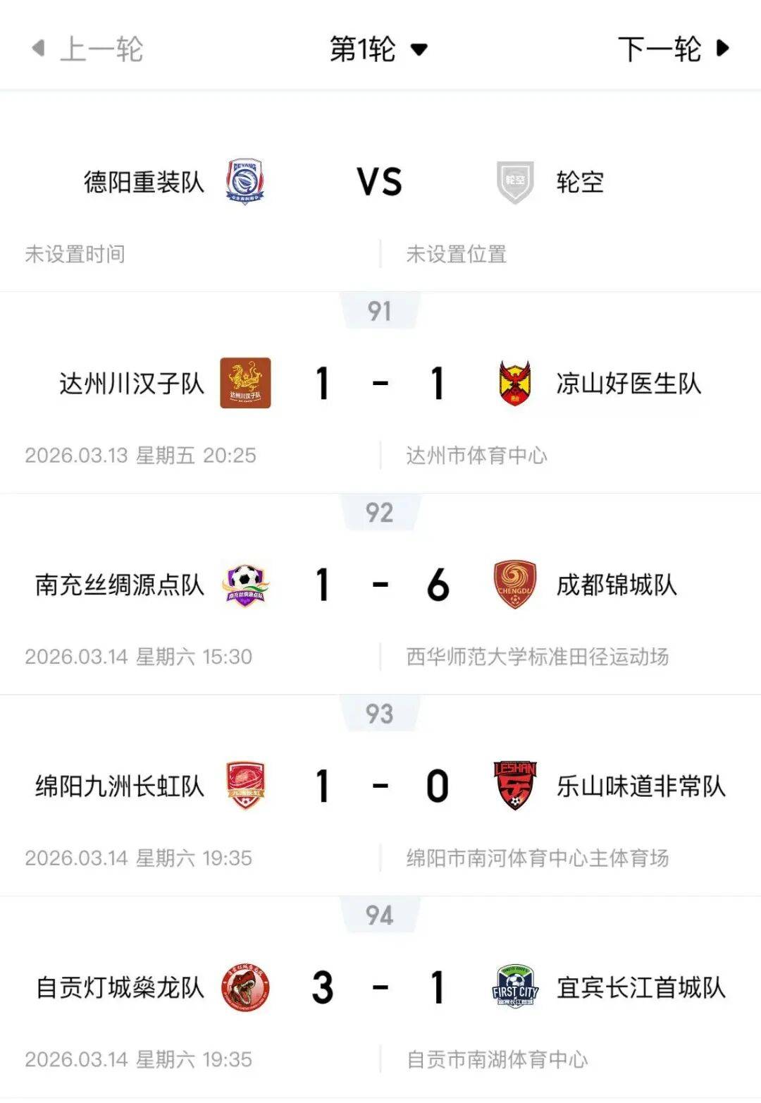 2026川超决赛季第一轮战况！当前积分榜/射手榜情况→